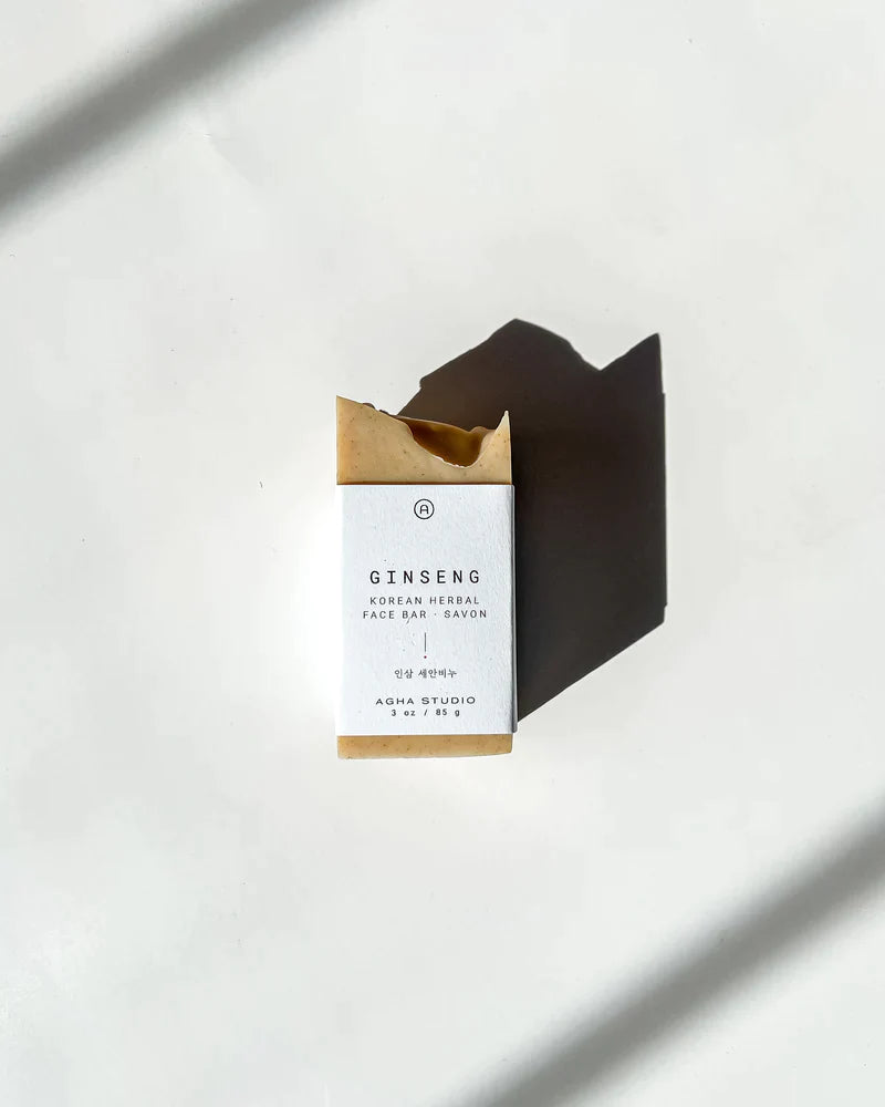 Natural and handmade Korean ginseng bar soap for face by Agha Studio.