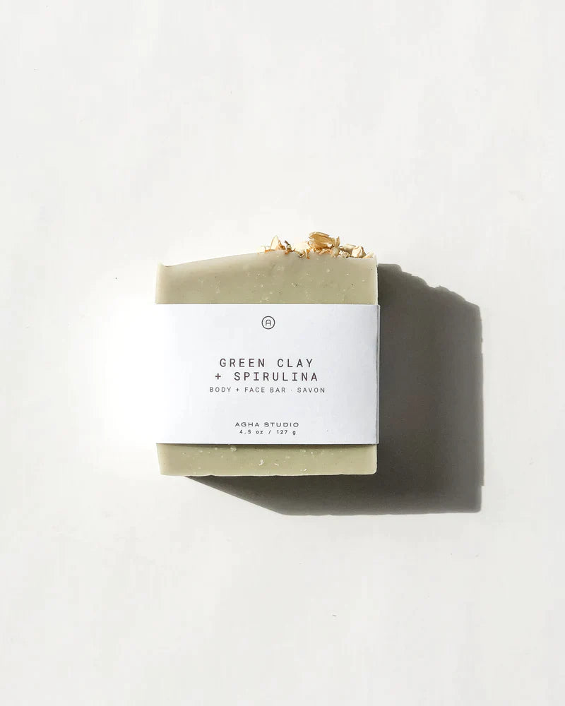 Natural and handmade green clay and spirulina bar soap for face and body by Agha Studio.