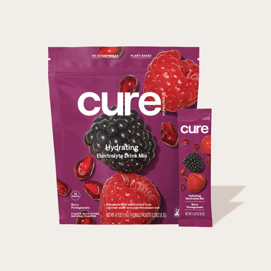 14-pack electrolyte drink powder mix in berry and pomegranate flavour from Cure Hydration.