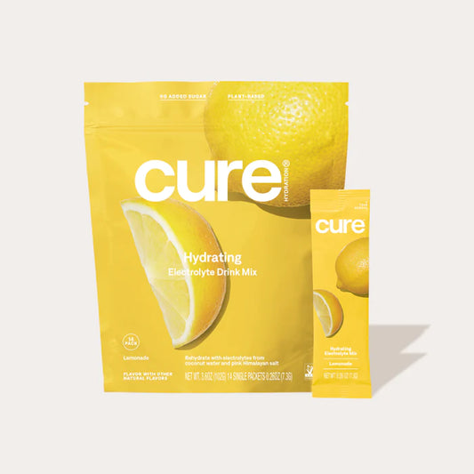 14-pack electrolyte drink powder mix in lemonade flavour from Cure Hydration.