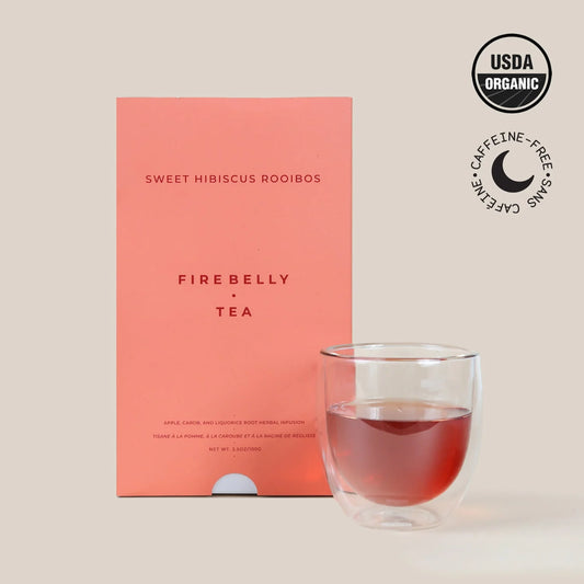 Cup of organic herbal hibiscus tea by Firebelly Tea.