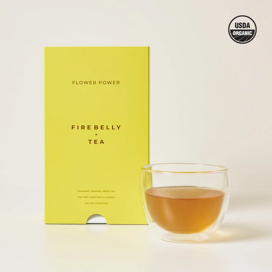 Cup of organic jasmine green tea by Firebelly Tea.