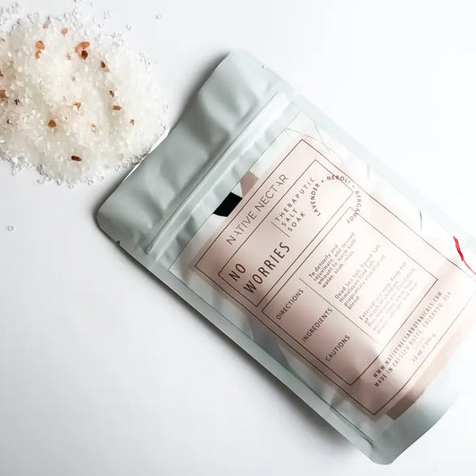 A bag of Dead Sea bath salt made with minerals and essential oils by Native Nectar Botanicals to add aroma to the bath and remove muscle tension.