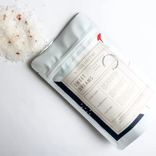 A bag of Dead Sea bath salt made with minerals and essential oils by Native Nectar Botanicals to help with muscle tension and self-care rituals.