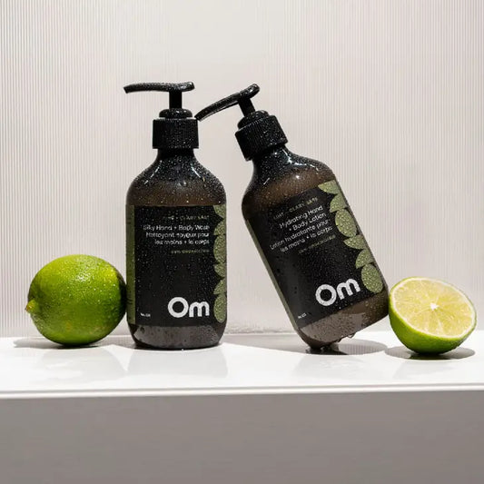 A set of hand and body wash and lotion from Om Organics skincare.