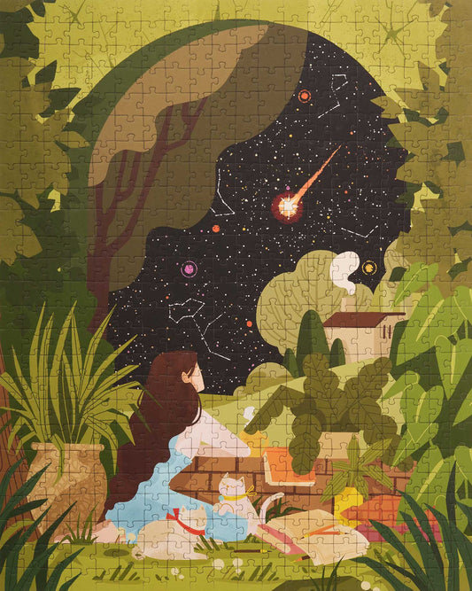 A completed 500 piece puzzle by Ordinary Habits showing a girl sitting amongst the trees and watching a shooting star.