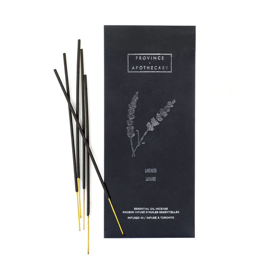 A set of incense sticks infused with essential oils by Province Apothecary, with the black packaging, in lavender scent.