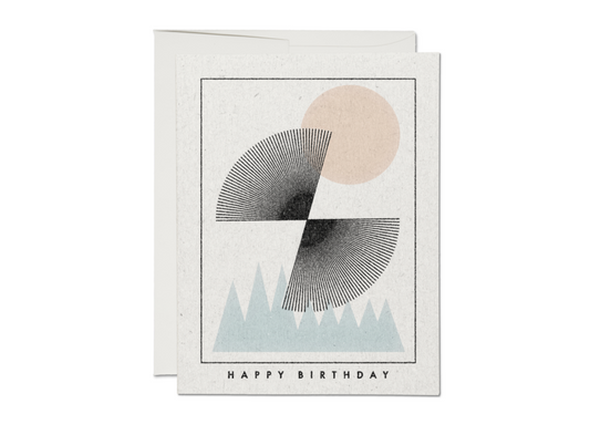 Birthday greeting card illustrated by Daren Thomas Mage, illustrating sun over mountains.