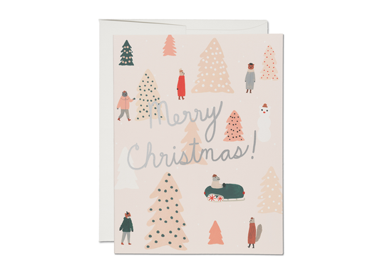 Christmas greeting card illustrated by Kate Pugsley, showing Christmas trees in the mountains.