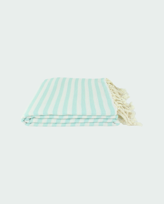 Turkish cotton peshtemal, thin beach towels in striped design in light turquoise color.