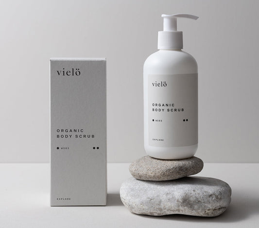 A hydrating body scrub made with organic ingredients, with a simple and minimalistic design by vielo.