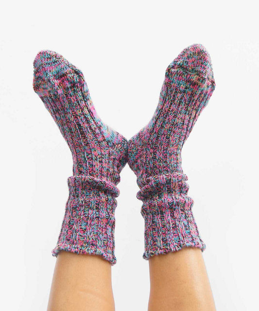 Winter rib knit socks in pink and green, made of wool and cotton, thick and long, by Okayok socks Canada.